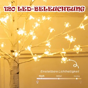 HOMCOM Sztuczne drzewko wiśniowe LED, 120 LED, 3 poziomy jasności, ciepła biel, realistyczna kora, 21 x 21 x 150 cm