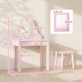 AIYAPLAY Zestaw stolika do makijażu dla dzieci 2 w 1 — stolik do czesania i biurko z stołkiem, odpinane lustro, szuflada dla dziewczynek 3-6 Różowy | Aosom PL