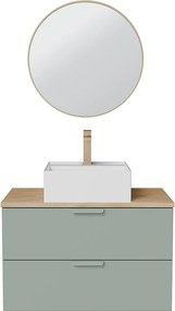 Wisząca szafka łazienkowa z umywalką wpuszczaną w blat kwadratową, baterią i lustrem – Szałwiowa zieleń – S80 cm – AVORELI