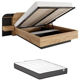 Łóżko ze skrzynią i szafkami nocnymi 160 x 200 cm - Z oświetleniem LED - Naturalny i czarny + Materac - JUVISIA