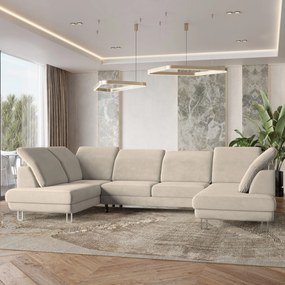 Masseno Narożnik TERAMO z funkcją spania i pojemnikiem na pościel Narozniki U, Rozkładana sofa - Kremowy, MONOLITH 04