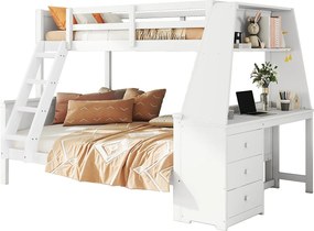 Łóżka piętrowe 90 x 200 cm + 140 x 200 cm - biurko + 3 szuflady + półka - drewno MDF - białe