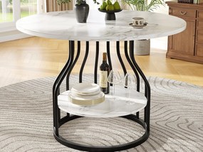 Okrągły stół jadalniany - Metalowa rama - Okleina o wzorze marmuru - Dla 4 osób - z półką do przechowywania - Biały i Czarny