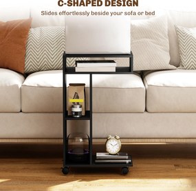 HOMCOM Stolik boczny, wózek serwisowy w kształcie C, 4 kółka, 3 przegródki, 40 x 30 x 69 cm, czarny
