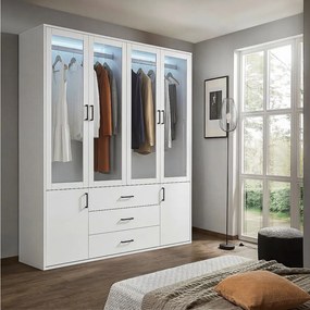Biała szafa narożna 6 drzwi 3 szuflady z LED, 160x52x182 cm, przechowywanie ubrań dla dorosłych bez lustra