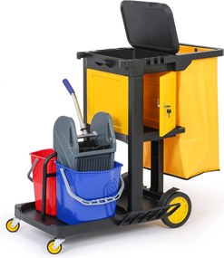 Profesjonalny wózek sprzątający z 2 wiadrami, uchwytami na mopy, szafką i workiem z pokrywą, 1120 × 710 × 990 mm