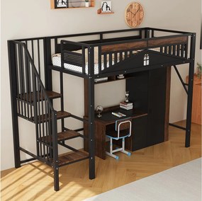 Łóżko piętrowe metalowe - 90 x 200 cm - z barierką + drabinką bezpieczeństwa - drewno + metal - czarne