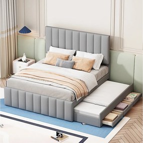 Łóżko wysuwane 140x200 cm - Tapicerowane łóżko z szufladami i stelażem - Tkanina lniana - Szary - Bez materaca