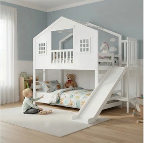 Łóżko piętrowe dla dzieci - 2 x 90 x 200 cm - ze zjeżdżalnią, oknem i dachem oraz stelażem z listew - sosna i płyta MDF - białe