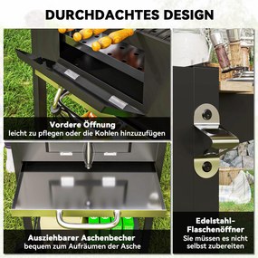 Outsunny Grill węglowy z regulowaną paletą węglową, wózek grillowy, półki, termometr, otwieracz do butelek, stal, drewno, czarny