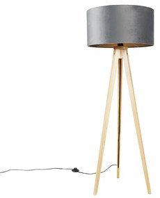 Lampa podłogowa drewniana z szarym abażurem z tkaniny 50 cm - Tripod Classic Nowoczesny Oswietlenie wewnetrzne