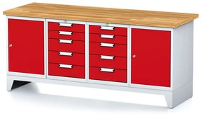 Stół warsztatowy MECHANIC, 2000x685x880 mm, 2x 5 szufladowy kontener, 2x szafka, szary/czerwony