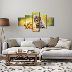 Obraz kotka patrzącego na kwiat (125x70 cm)
