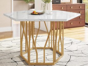 Nowoczesny sześciokątny stół jadalniany - metalowa podstawa - blat z marmurowym wzorem - biały i złoty