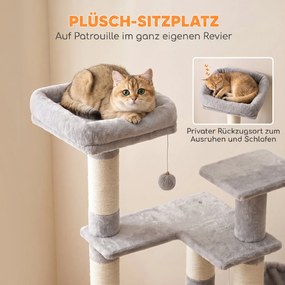 PawHut Duży drapak, 152 cm wysokości, drzewko dla kota ze słupkami do drapania, jaskinia z 2 wejściami, 3 piłeczki, hamak, do 6 kg, jasnoszary | Aosom PL