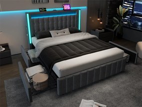 Łóżko z 2 szufladami 160x200cm tapicerowane lnem - z funkcją ładowania i oświetleniem LED - Szare