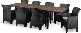 Zestaw Mebli Ogrodowych Stół ARGOS 160-260 cm Orzech/Czarny i 8x Fotel FRESNO Czarny Technorattan Nowoczesny