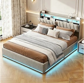 Łóżko Skrzyniowe 140x190 Szare Pikowane z LED RGB, Portami USB, Hydrauliczny Schowek i Zagłówkiem z Półkami – Styl Nowoczesny