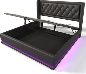 Łóżko ze schowkiem 180x200 cm - czarny PU - łóżko dwuosobowe z ładowaniem przez USB i oświetleniem przez LED - bez materaca