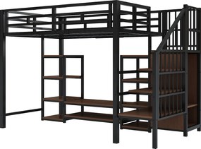 Łóżko piętrowe dla dzieci - 90 x 200 cm - z szafką RTV + gniazdkiem + drabinką bezpieczeństwa + półką - metalowe - czarne