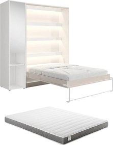 Łóżko chowane w szafie pionowe 160 x 200 cm - 1 kolumna do przechowywania - Z lustrem i oświetleniem LED - Beżowe + Materac - RAPILI