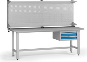 Stół warsztatowy z regulacją wysokości G5 z panelem, 2100 x 750 x 800-1000 mm, 1x kontener, 2x szuflada, niebieski