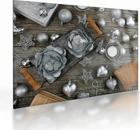 Obraz na szkle - srebrne ozdoby świąteczne (70x50 cm)