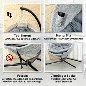 Outsunny Jajowaty kosz huśtawkowy, huśtawka z funkcją huśtania i składanym koszem, krzesło ogrodowe, uchwyt na kubek, Szare