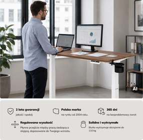 Biurko elektryczne z regulacją wysokości ergonomiczne białe/orzech,1400x700 mm: ARIA
