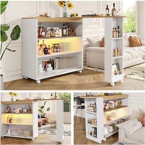 Rozkładana szafka barowa - 2 przesuwane drzwi szklane, 3 półki do przechowywania i wnęka - blat MDF imitujący drewno - diody LED - naturalny i biały