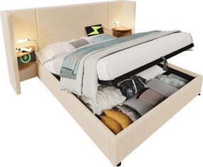 Łóżko 180x200cm z weluru żebrowego - 2 stoliki nocne z lampką do czytania i funkcją ładowania - z stelażem na listwy - Beżowy