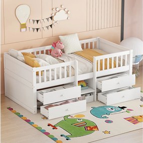 Łóżko dziecięce 90x200 cm z 4 szufladami do przechowywania i barierkami ochronnymi, białe – bez materaca