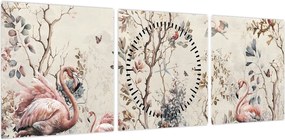 Obraz - Rysunek flamingów (z zegarem) (90x30 cm)
