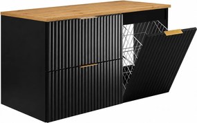 Zestaw mebli łazienkowych z koszem i blatem, złote uchwyty, czarny/dąb craft, 100 x 46 x 58,6 cm