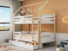 Łóżko piętrowe 90x200cm z drewna sosnowego - z 2 szufladami i drabinką - Białe