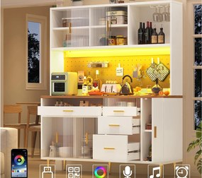 Kredens kuchenny 145x39x171 cm - 4 drzwi szklane - 4 szuflady - przegródka na wino - z oświetleniem LED - biały