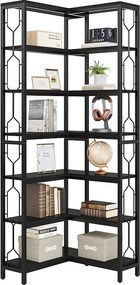 Półka narożna, 7-poziomowa, industrialna półka narożna, regał na książki z drewna i metalu, wolnostojąca półka ekspozycyjna