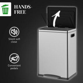 HOMCOM Kosz na śmieci z pokrywą i pedałem, Stal nierdzewna, Komory 2x20 L, Srebrny