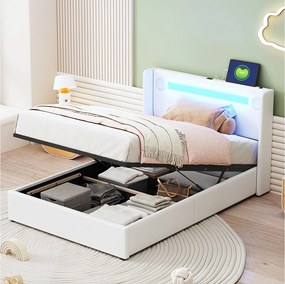 Łóżko z pojemnikiem 90 x 200 cm i zagłówkiem - diody LED, odtwarzacz Bluetooth i port USB - skóra ekologiczna - białe
