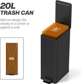 HOMCOM Kosz na Śmieci 20L, Pokrywka Soft-Close, Miejsce na Dezodorant, Odporna na Odciski Palców Stal Nierdzewna, Czarny | Aosom PL