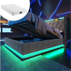 Łóżko z pojemnikiem 160x200 cm - z zagłówkiem ze schowkiem, USB/Typ-C, oświetleniem LED, stelażem - szary len - materac w cenie