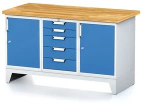 Alfa 3 Stół warsztatowy MECHANIC, 1500x685x880 mm, 1x 5 szufladowy kontener, 2x szafka, szara/niebieski
