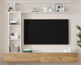 Zestaw mebli TV 3-częściowy – meble TV + półka pionowa + półka ścienna – 2 drzwi odchylne - biały i naturalny