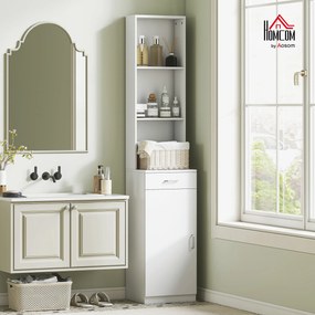 Szafka Łazienkowa HOMCOM, Wysoka i Wąska, z Szufladą, Regulowanymi Półkami, Biała Płyta Wiórowa