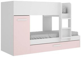 Łóżko piętrowe z łóżkiem wsuwanym  ze skrzynią i - 3 x 90 x 190 cm - Kolor biały, naturalny i różowy - ANTHONY