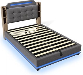 Łóżko ze schowkiem 140x200 cm Łóżko dla dorosłych z diodami LED i USB, tapicerowany zagłówek – szary len (bez materaca)