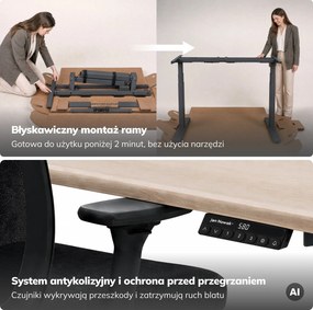 Biurko elektryczne z regulacją wysokości ergonomiczne antracytowe/dąb sonoma,1400x700 mm: ARIA