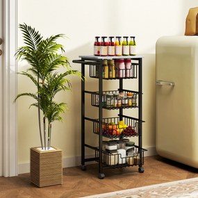 HOMCOM 4-poziomowy wózek kuchenny na kółkach, mobilny wózek do serwowania, wózek kuchenny z 4 stalowymi koszami, wózek do serwowania