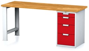 Stół warsztatowy MECHANIC, 2000x685x880 mm, nogi regulowane, 1x szufladowy kontener, 4 szuflady, szary/czerwony