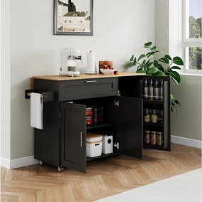 Czarna wyspa kuchenna, mobilna wyspa kuchenna ze składanym blatem, 3 drzwiami i 1 szufladą – do kuchni i jadalni